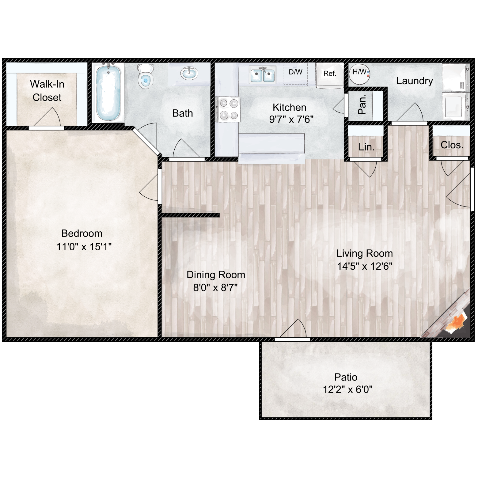 Floor plan for 1 bed, 1 bath, 850 sqft